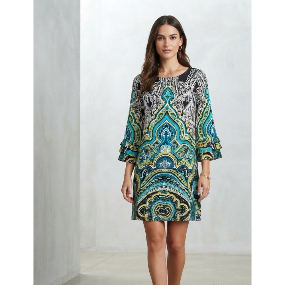 Alfani Paisley Medallion Tiered Bell Sleeve‎ Shift Dress XS